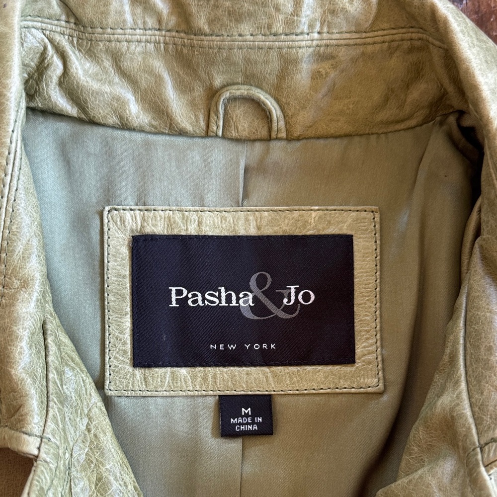 Vintage Pasha & Jo Leather Coat Olive Green Size M - Picture 2 of 14
